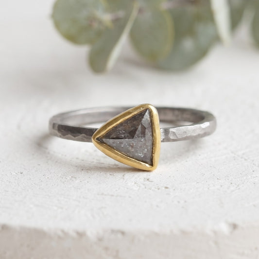 0.80 CT Triangular Salt and Pepper Diamond Handmade Ring