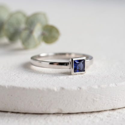 Dark Blue Princess Cut Sapphire Ring