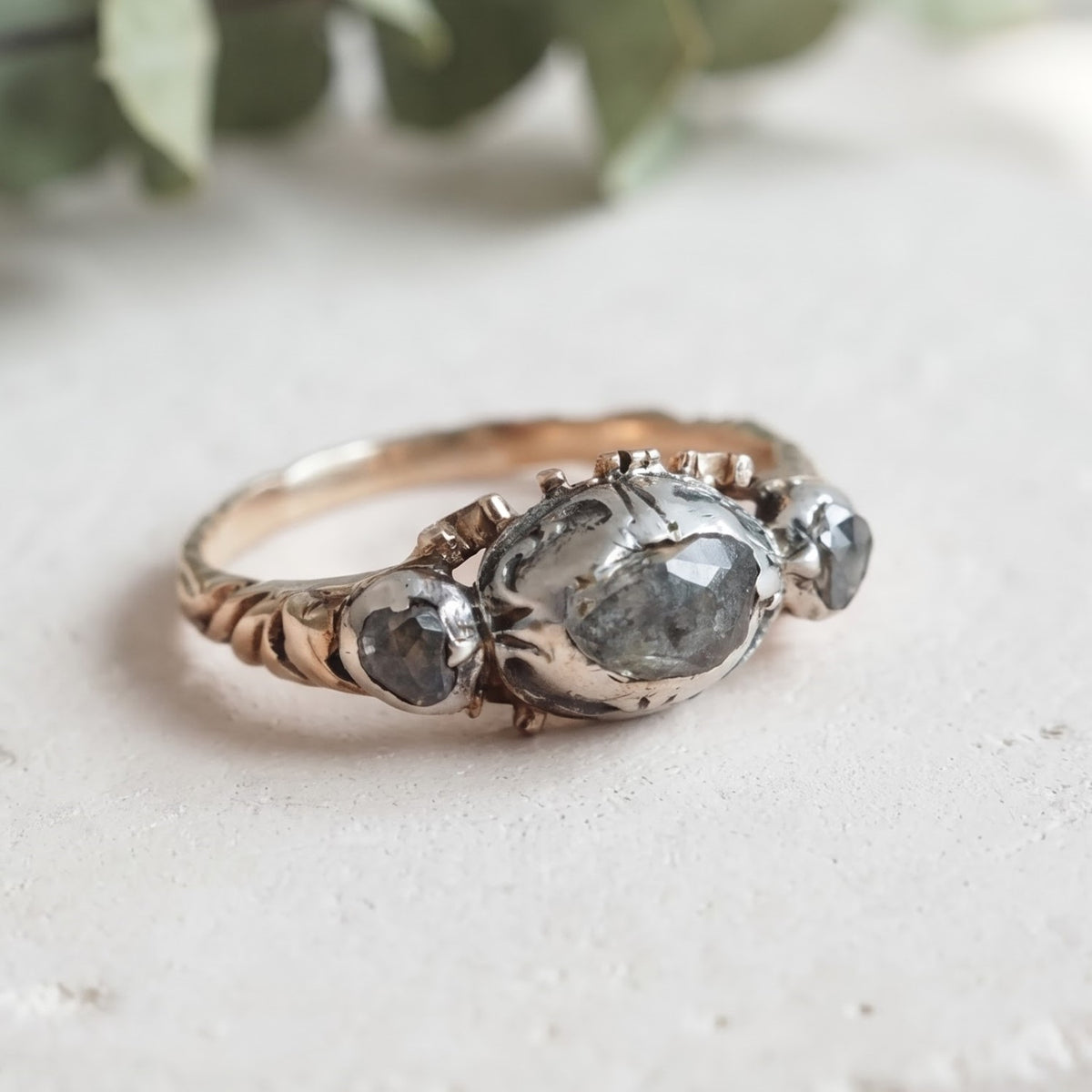 Antique Vintage Nature Inspired Salt & Pepper Diamond Ring