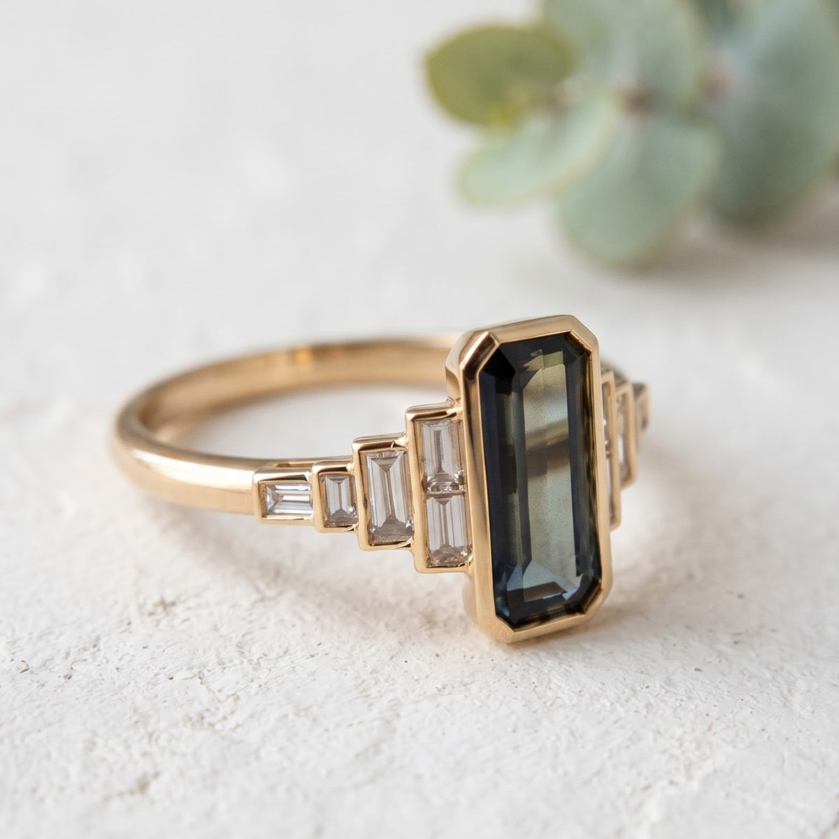Green Emerald Cut Sapphire Ring with Baguette Lab Grown Diamonds