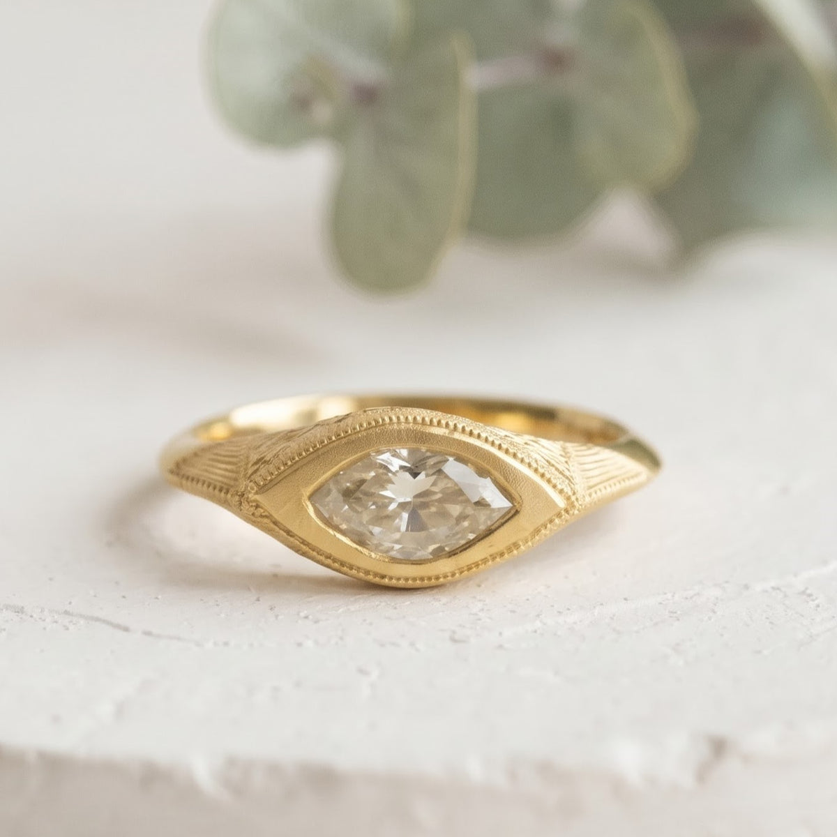 Hand Engraved One of a Kind Marquis Vintage Ring