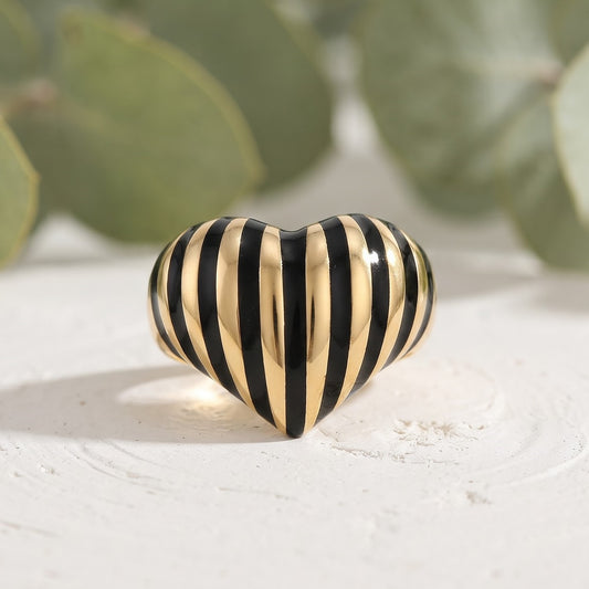 Heart Black Striped Ring Handmade Statement Jewelry