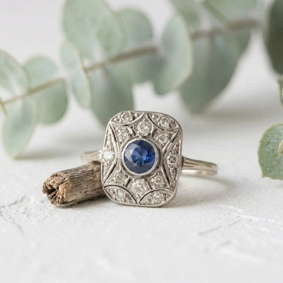 Art Deco Sapphire Diamond Ring featuring a 0.50 CT round cut deep blue natural sapphire in a square halo setting with round lab grown diamond accents and vintage inspired white metal detailing.