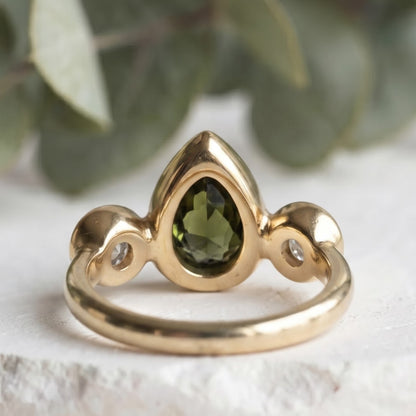 Pear Green Sapphire Bezel Set Gold Bridal Ring