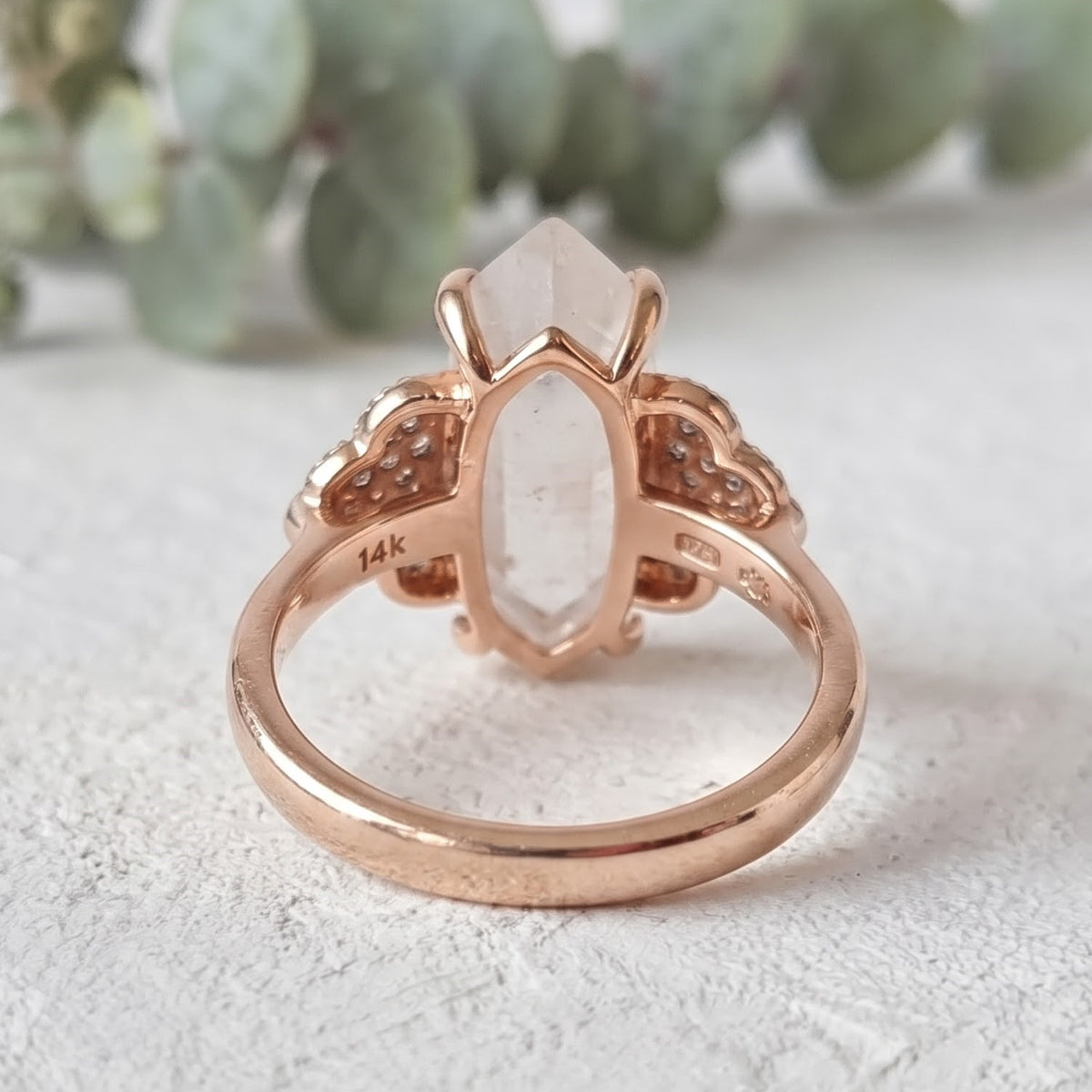 Long Hexagon Milky Diamond Ring with Round Accents