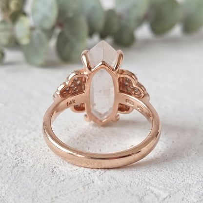 Long Hexagon Milky Diamond Ring with Round Accents