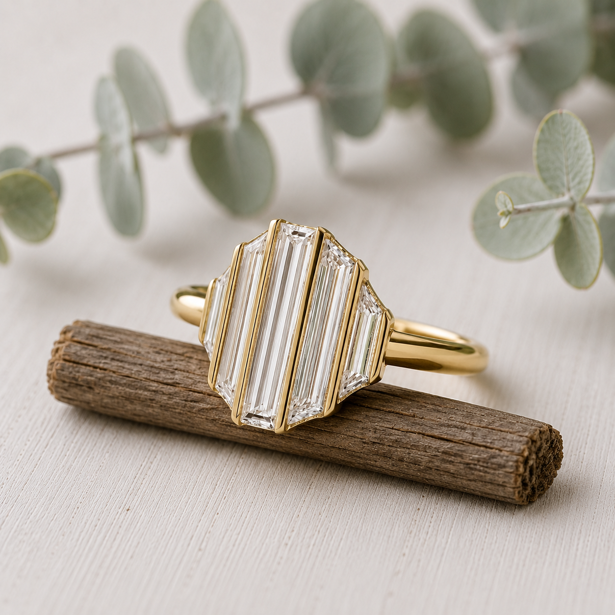 Baguette Diamond Engagement Ring featuring a lab-grown baguette cut diamond center stone with trapeze cut side diamonds in a geometric contemporary gold setting with a slim 1.7 mm band, designed as a modern minimalist engagement ring.