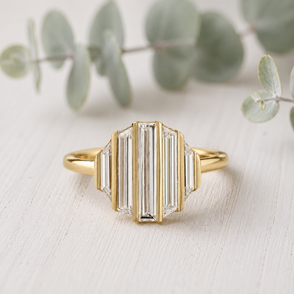 Baguette Diamond Engagement Ring featuring a lab-grown baguette cut diamond center stone with trapeze cut side diamonds in a geometric contemporary gold setting with a slim 1.7 mm band, designed as a modern minimalist engagement ring.