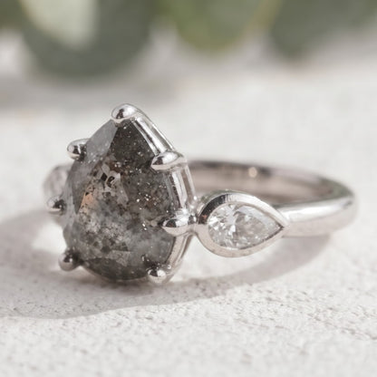 Pear Cut Salt and Pepper Diamond Engagement Ring