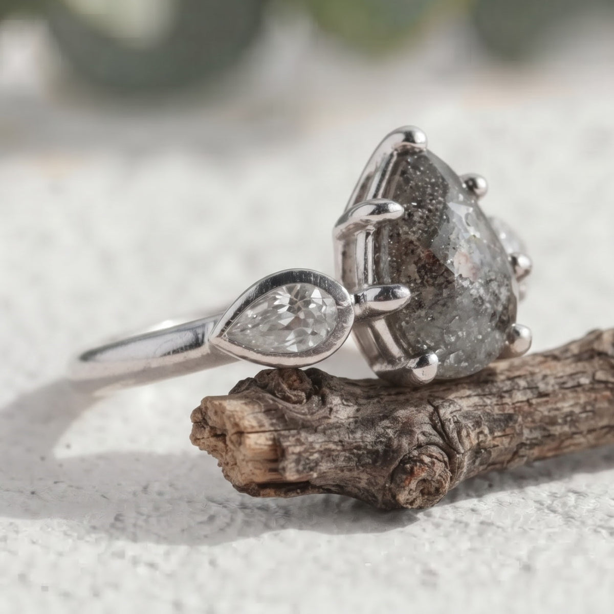 Pear Cut Salt and Pepper Diamond Engagement Ring