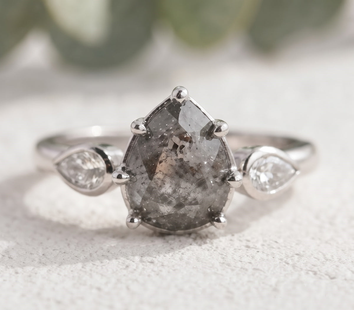 Pear Cut Salt and Pepper Diamond Engagement Ring