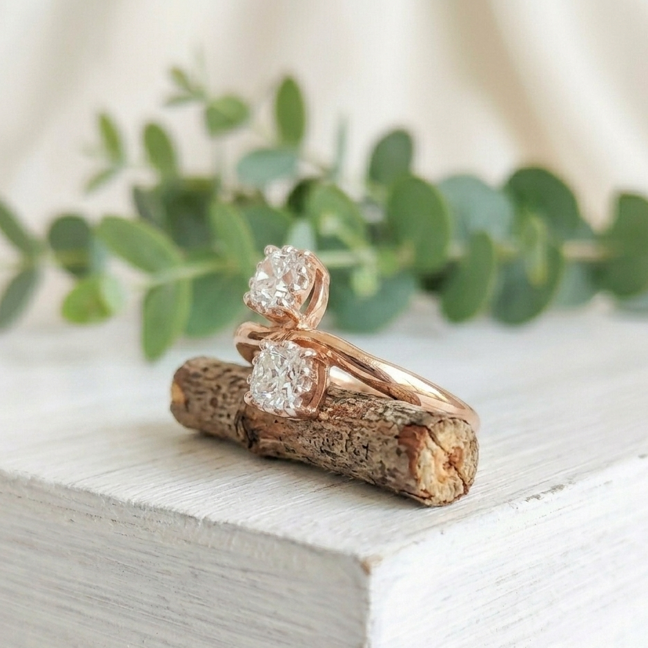 Cushion Cut Salt and Pepper Diamond Ring featuring a 1.31 CT natural salt and pepper diamond with grey organic inclusions in a twist contemporary setting with a reverse tapered 2.20 mm band, designed as an alternative engagement ring.