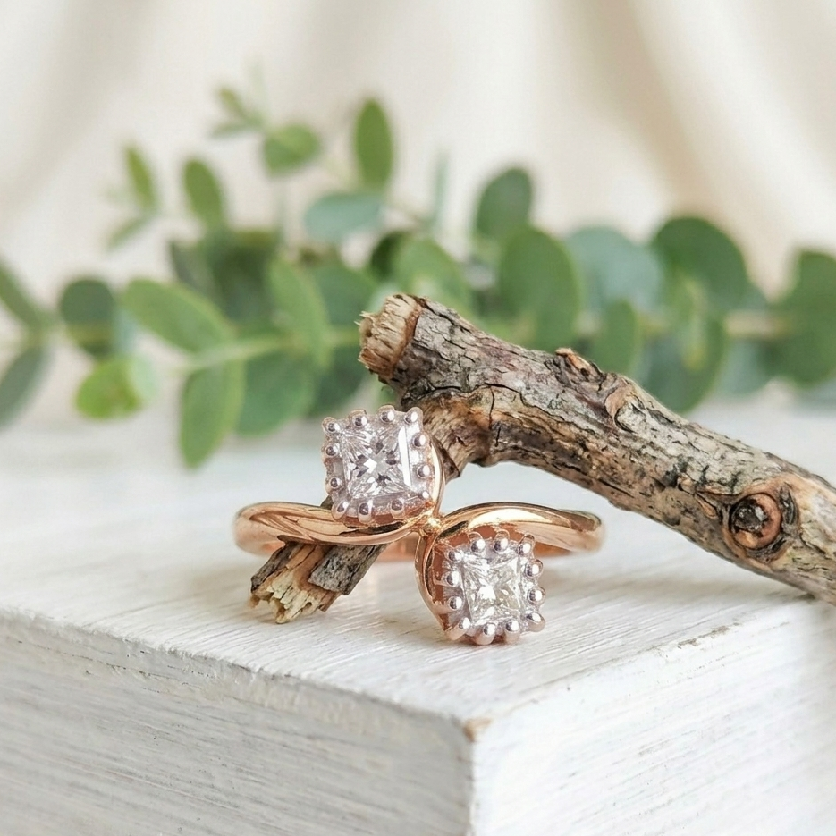 Cushion Cut Salt and Pepper Diamond Ring featuring a 1.31 CT natural salt and pepper diamond with grey organic inclusions in a twist contemporary setting with a reverse tapered 2.20 mm band, designed as an alternative engagement ring.