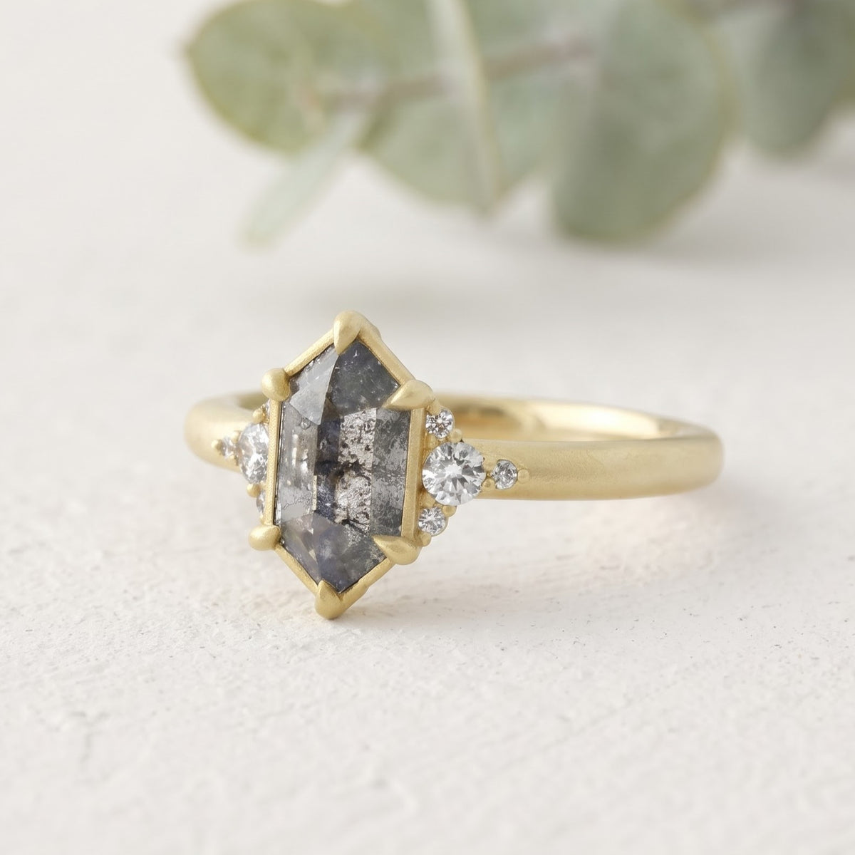 Hexagon Salt and Pepper Gold Handmade Diamond Ring