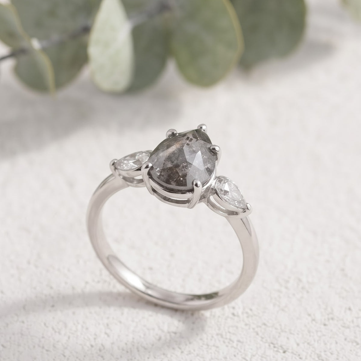 Pear Cut Salt and Pepper Diamond Engagement Ring