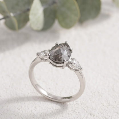 Pear Cut Salt and Pepper Diamond Engagement Ring