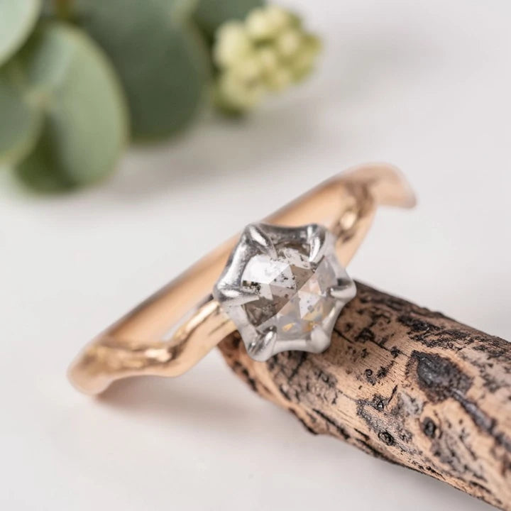 Salt and Pepper Rose Cut Diamond Ring with Twisted Shank