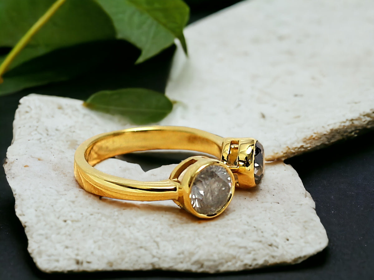 Dual Stone Diamond Ring Handmade Alternative Engagement Ring featuring two round rose cut natural salt and pepper diamonds in a yellow gold bezel setting with an open front minimalist design and straight shank.