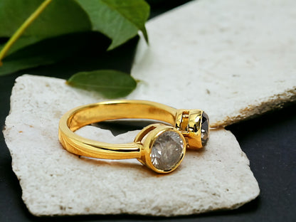 Dual Stone Diamond Ring Handmade Alternative Engagement Ring featuring two round rose cut natural salt and pepper diamonds in a yellow gold bezel setting with an open front minimalist design and straight shank.