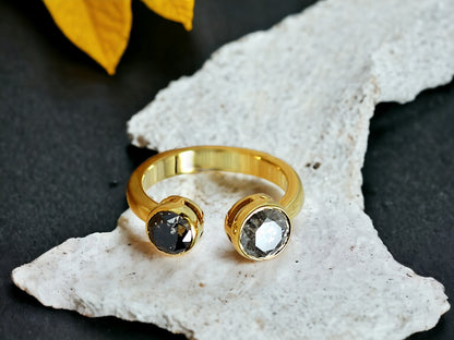 Dual Stone Diamond Ring Handmade Alternative Engagement Ring featuring two round rose cut natural salt and pepper diamonds in a yellow gold bezel setting with an open front minimalist design and straight shank.