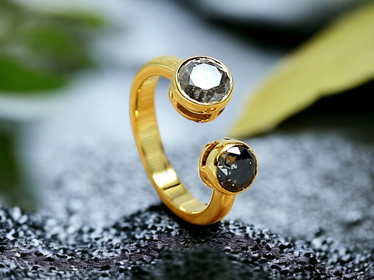 Dual Stone Diamond Ring Handmade Alternative Engagement Ring featuring two round rose cut natural salt and pepper diamonds in a yellow gold bezel setting with an open front minimalist design and straight shank.