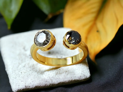 Dual Stone Diamond Ring Handmade Alternative Engagement Ring featuring two round rose cut natural salt and pepper diamonds in a yellow gold bezel setting with an open front minimalist design and straight shank.