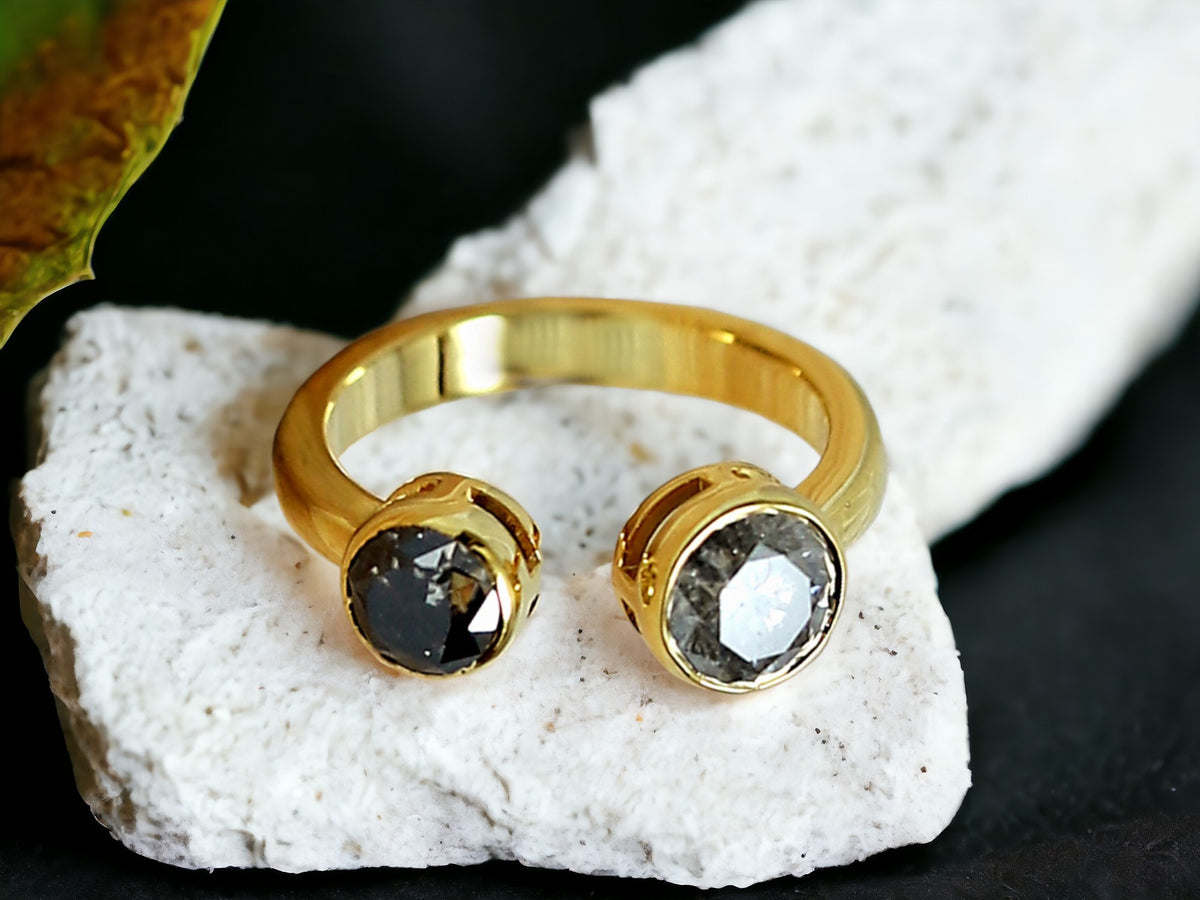 Dual Stone Diamond Ring Handmade Alternative Engagement Ring featuring two round rose-cut natural salt-and-pepper diamonds in a yellow gold bezel setting with an open front minimalist design and straight shank.