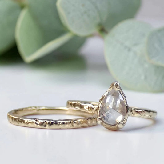 Pear Cut Salt and Pepper Diamond Ring with a Rustic Bezel Set