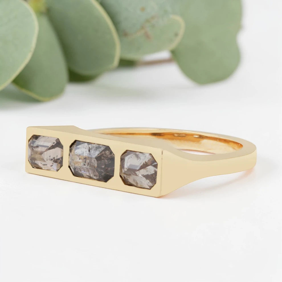 Emerald cut salt and pepper diamond bezel statement ring featuring a 1.20 CT natural center stone with two emerald cut side stones, handcrafted in a bold 4.50 mm reverse tapered minimalist fine jewelry design.