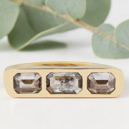 Emerald cut salt and pepper diamond bezel statement ring featuring a 1.20 CT natural center stone with two emerald cut side stones, handcrafted in a bold 4.50 mm reverse tapered minimalist fine jewelry design.