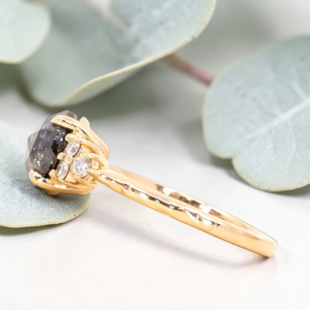 Rose Cut Salt & Pepper Diamond Cluster Ring in 14K Yellow Gold