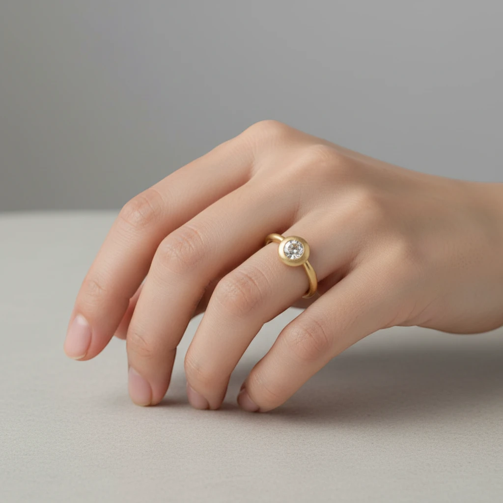 Rose Cut Diamond Ring with Wide Bezel Water Band in 18K Gold