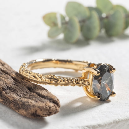 Natural Oval Salt and Pepper Diamond Ring