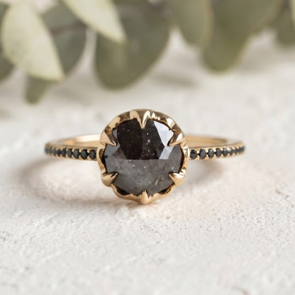 Round Black Salt and Pepper Diamond Minimalist Ring