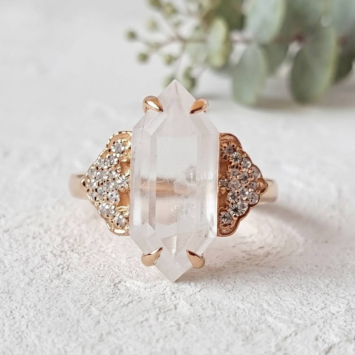 Long Hexagon Milky Diamond Ring with Round Accents