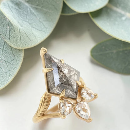 Salt and Pepper Kite Diamond Halo Engagement Ring in Gold