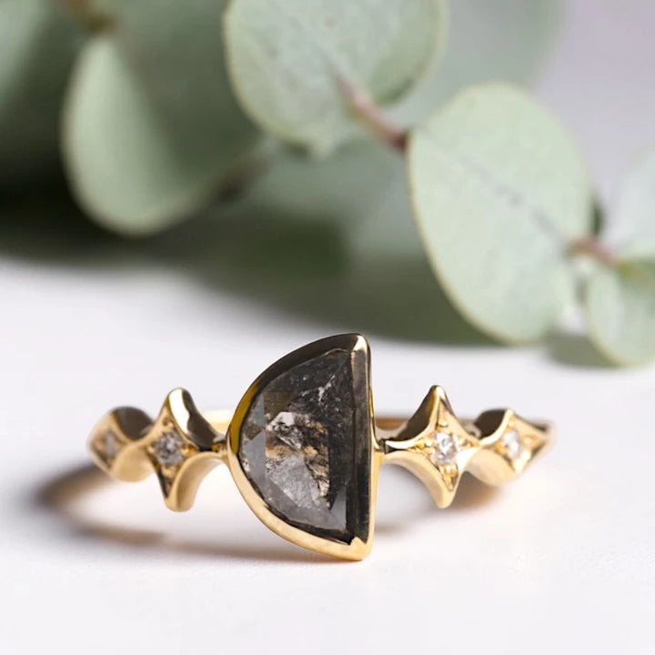 Half Moon Salt and Pepper Diamond Ring featuring a 1.10 CT natural rose cut diamond with organic inclusions, accented by four round lab grown diamonds in D color on a minimalist straight 1.80 mm handmade band with celestial inspired design.