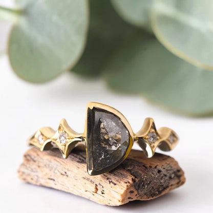 Half Moon Salt and Pepper Diamond Ring featuring a 1.10 CT natural rose cut diamond with organic inclusions, accented by four round lab grown diamonds in D color on a minimalist straight 1.80 mm handmade band with celestial inspired design.