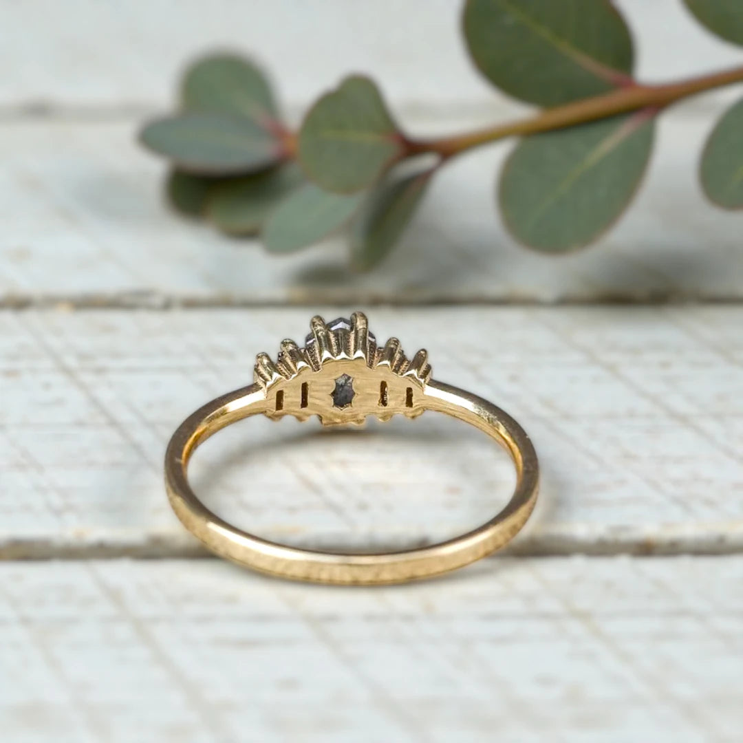 Handcrafted natural grey diamond ring featuring a unique engagement design with an organic grey diamond center stone set in a minimalist fine jewelry style band, showcasing raw natural inclusions and artisan craftsmanship.