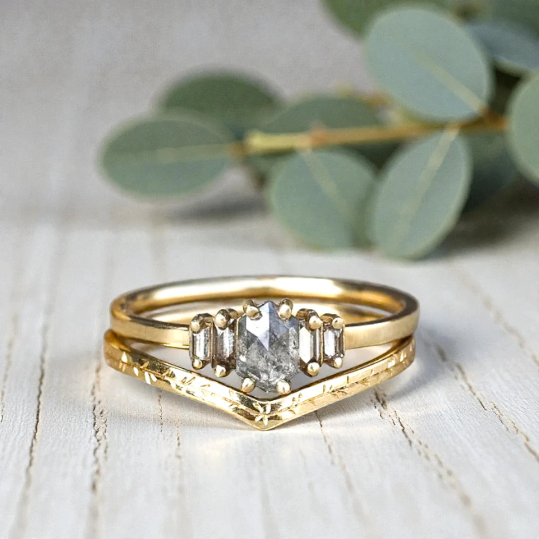 Handcrafted natural grey diamond ring featuring a unique engagement design with an organic grey diamond center stone set in a minimalist fine jewelry style band, showcasing raw natural inclusions and artisan craftsmanship.