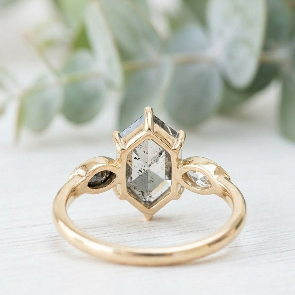 Hexagon Cut Salt and Pepper Diamond Ring featuring a 2.12 CT natural salt and pepper hexagon diamond with organic inclusions, accented by two pear cut salt and pepper diamonds in a minimalist geometric engagement design with a straight 1.6 mm band and handcrafted fine jewelry aesthetic.