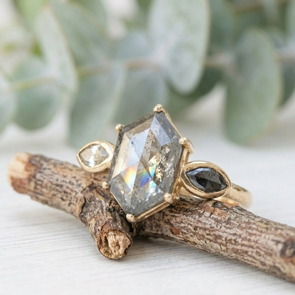 Hexagon Cut Salt and Pepper Diamond Ring featuring a 2.12 CT natural salt and pepper hexagon diamond with organic inclusions, accented by two pear cut salt and pepper diamonds in a minimalist geometric engagement design with a straight 1.6 mm band and handcrafted fine jewelry aesthetic.
