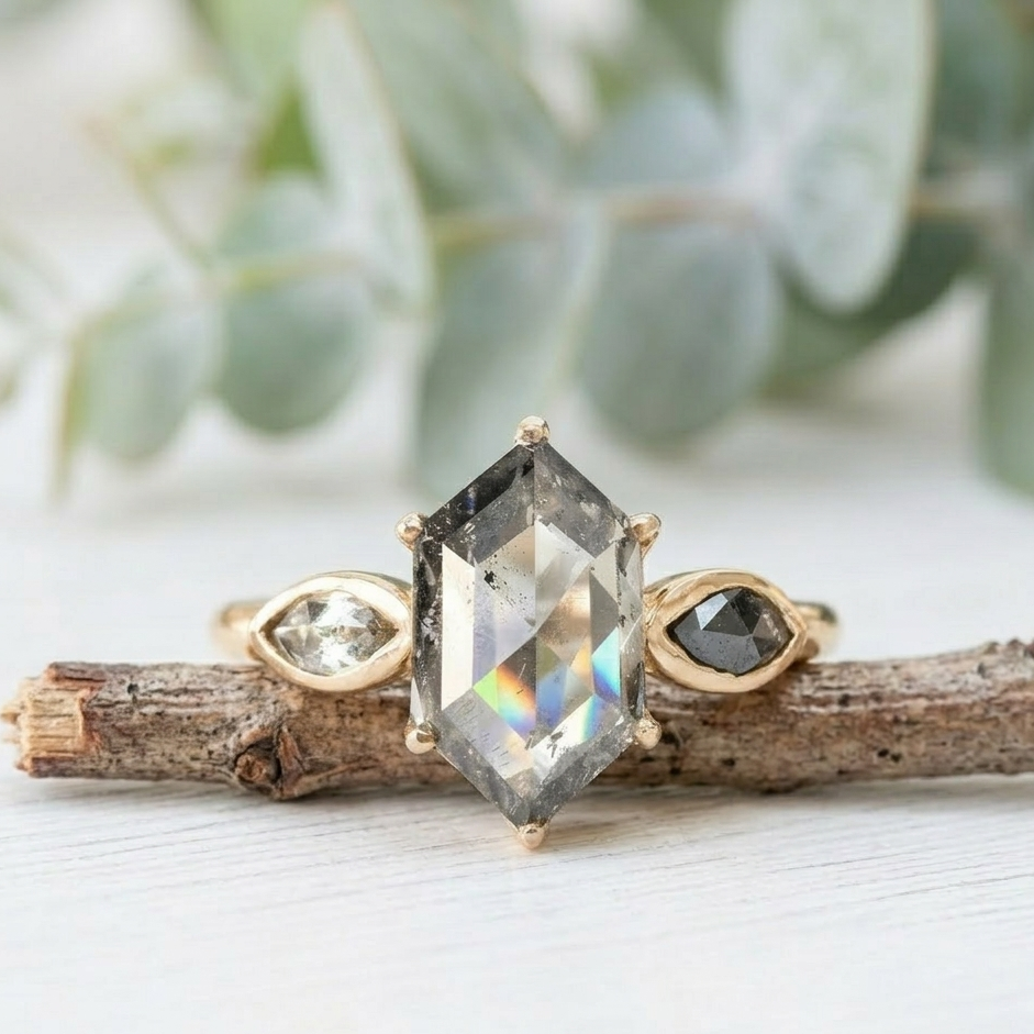 Hexagon Cut Salt and Pepper Diamond Ring featuring a 2.12 CT natural salt and pepper hexagon diamond with organic inclusions, accented by two pear cut salt and pepper diamonds in a minimalist geometric engagement design with a straight 1.6 mm band and handcrafted fine jewelry aesthetic.