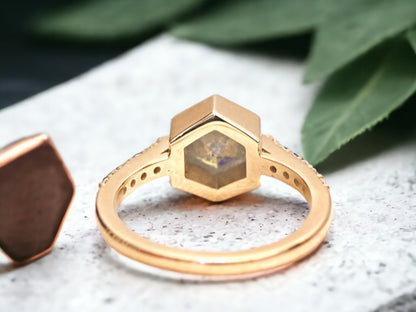 Hexagon Salt and Pepper Diamond Ring featuring a 1.27 CT natural salt and pepper hexagon cut diamond with galaxy-like inclusions, accented by round brilliant diamond side stones in a minimalist straight 1.6 mm band, handcrafted fine jewelry design.