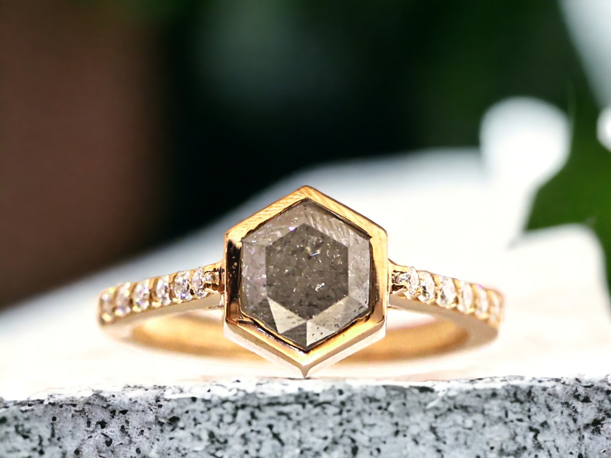 Hexagon Salt and Pepper Diamond Ring featuring a 1.27 CT natural salt and pepper hexagon cut diamond with galaxy-like inclusions, accented by round brilliant diamond side stones in a minimalist straight 1.6 mm band, handcrafted fine jewelry design.