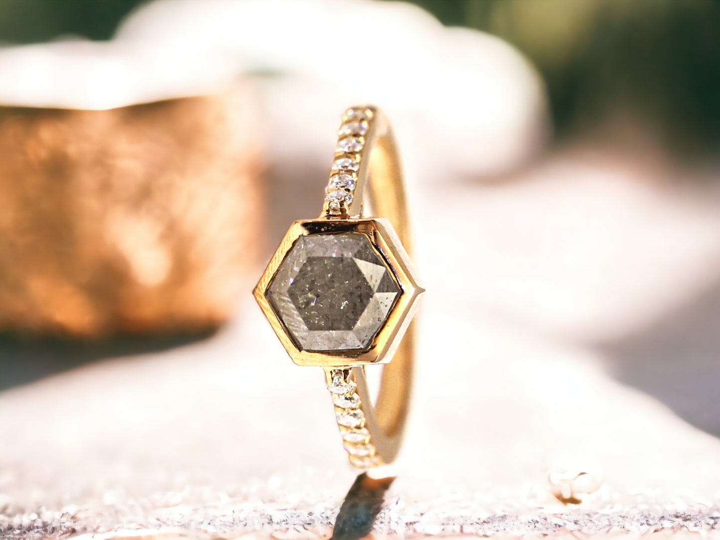Hexagon Salt and Pepper Diamond Ring featuring a 1.27 CT natural salt and pepper hexagon cut diamond with galaxy-like inclusions, accented by round brilliant diamond side stones in a minimalist straight 1.6 mm band, handcrafted fine jewelry design.