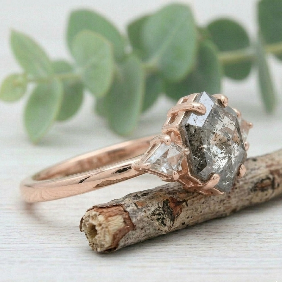 Hexagon Salt and Pepper Diamond Ring featuring a 1.51 CT natural salt and pepper hexagon cut diamond with galaxy-like inclusions, accented by kite-shaped diamond side stones in a modern geometric design with a straight 1.80 mm band in fine gold.