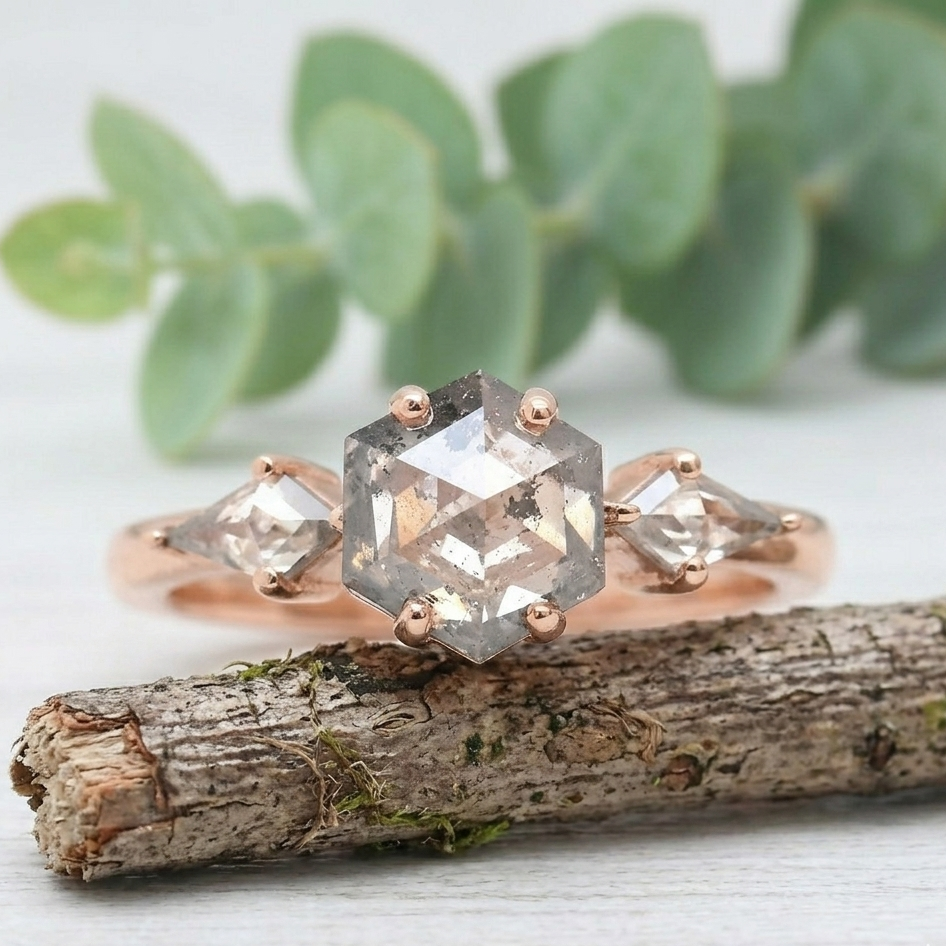 Hexagon Salt and Pepper Diamond Ring featuring a 1.51 CT natural salt and pepper hexagon cut diamond with galaxy-like inclusions, accented by kite-shaped diamond side stones in a modern geometric design with a straight 1.80 mm band in fine gold.