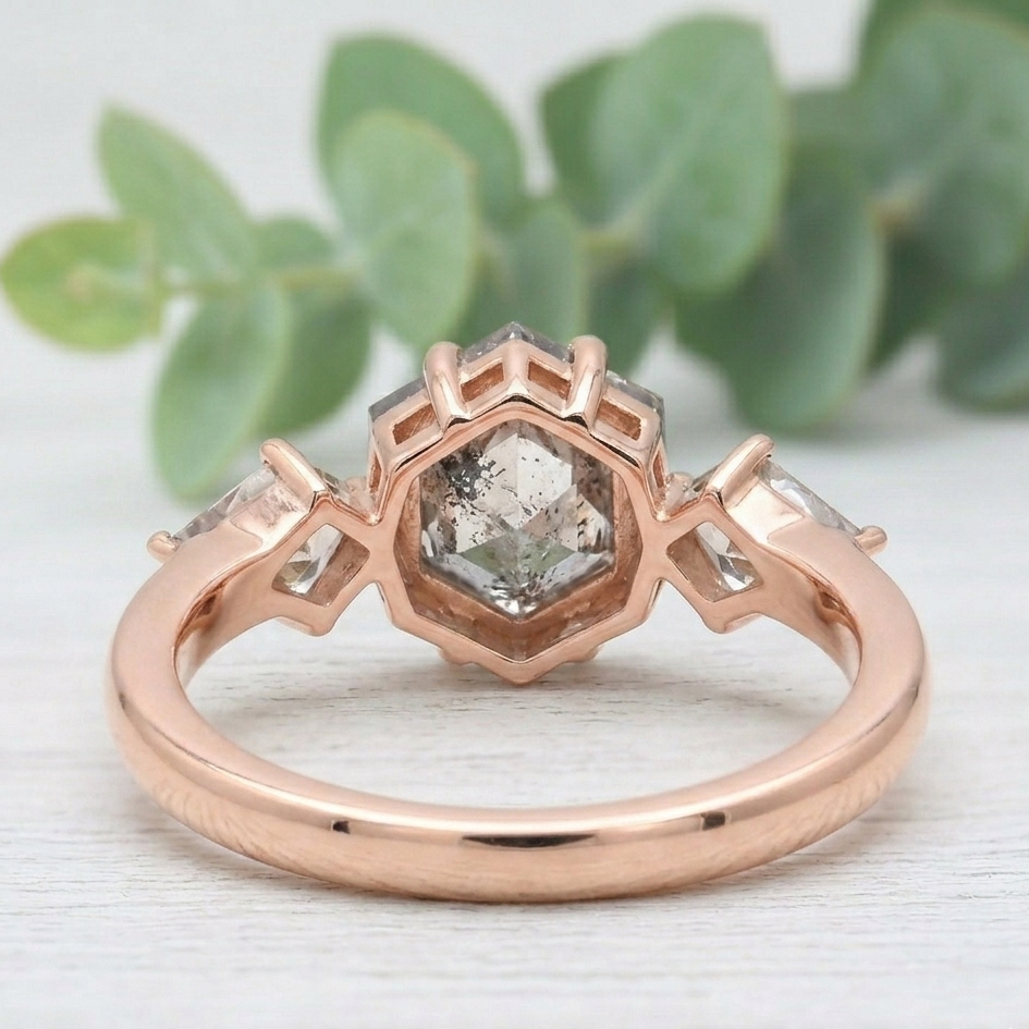 Hexagon Salt and Pepper Diamond Ring featuring a 1.51 CT natural salt and pepper hexagon cut diamond with galaxy-like inclusions, accented by kite-shaped diamond side stones in a modern geometric design with a straight 1.80 mm band in fine gold.