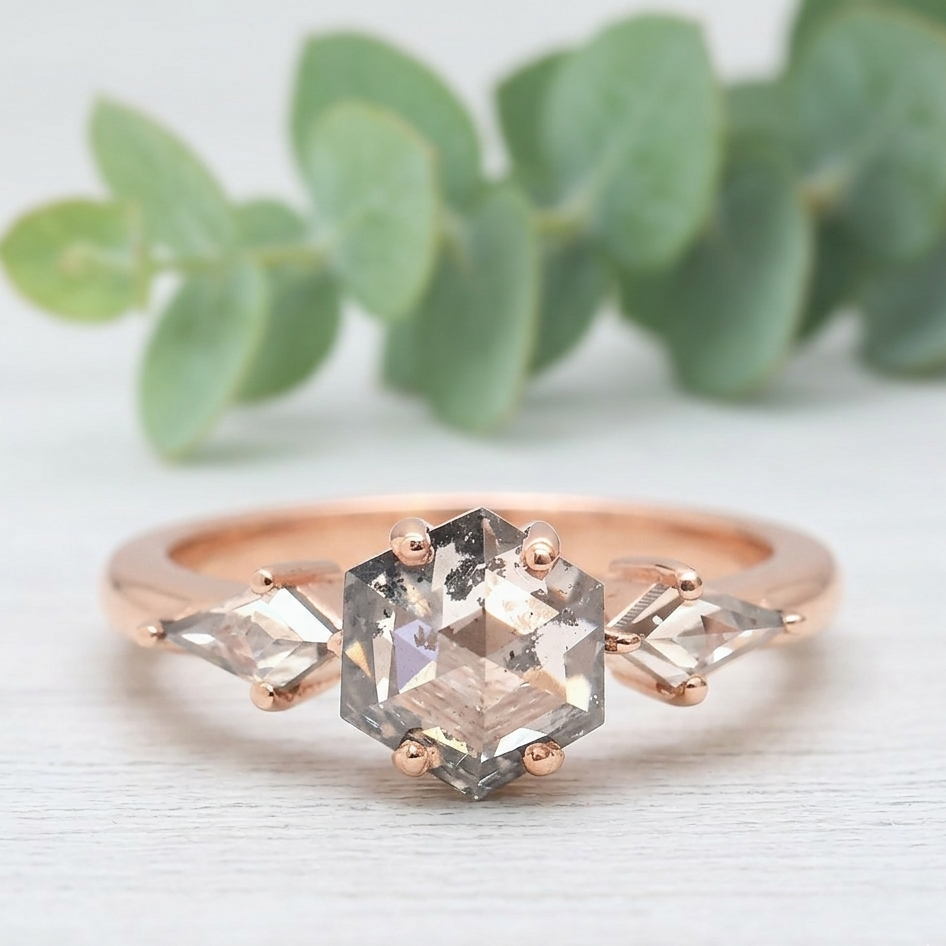 Hexagon Salt and Pepper Diamond Ring featuring a 1.51 CT natural salt and pepper hexagon cut diamond with galaxy-like inclusions, accented by kite-shaped diamond side stones in a modern geometric design with a straight 1.80 mm band in fine gold.